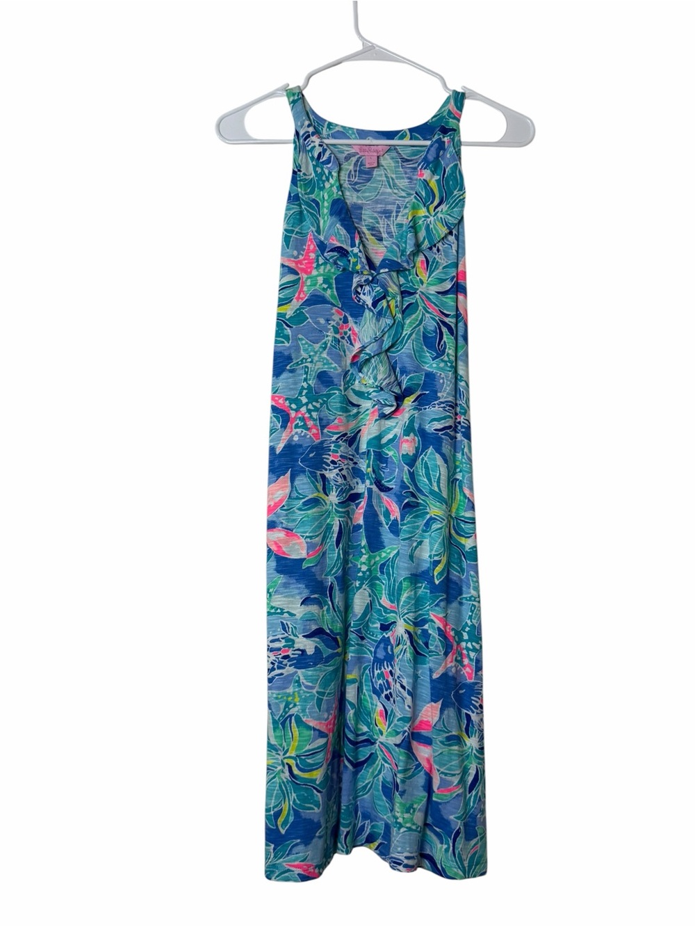 Lilly Pulitzer Shay Dress L Bennet Blue Celestial Seas Ruffle Sleeveless Shift - Picture 4 of 6